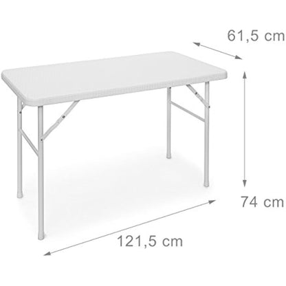 Relaxdays BASTIAN Rectangular Patio Table Folding Table 74 x 121.5 x 61 cm, Folding Table for Backyard, Balcony or Porch with Metal Frame, Rattan Look Side Table or Camping Table, White