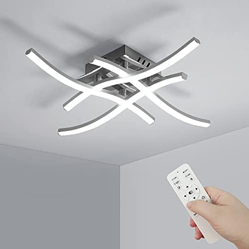 Dorlink LED Ceiling Lights, Modern Dimmable Light with Remote Control, Elegant Curved Design Chandelier 4 Built-in Boards, 28W 2350LM Silver Chrome Lighting for Living Room, Bedroom