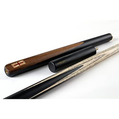 Riley England 3 Piece Snooker Cue & Hard Case 3/4 Cut – Hand Spliced Ebony Butt - 145cm - North American Ash Shaft with 9.5mm Tip - Includes 15cm Extension & Accessory Pack