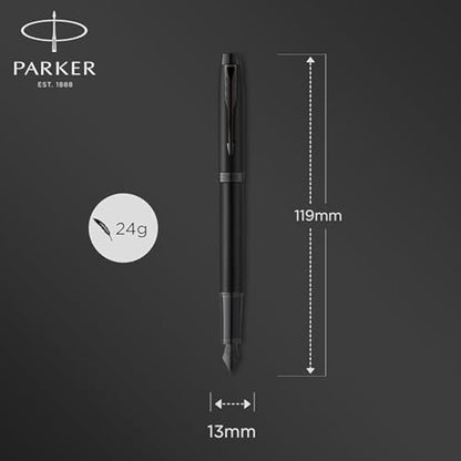 Parker IM Fountain Pen | Matte Black with Black Trim | Medium Point with Blue Ink Cartridge | Gift Box