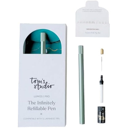 Tom's Studio Lumos Pro Duo Tip (Sage) | Refillable Fineliner, Writing & Brush Pen | Comes with 11 Tips, 3ml Deep Black Ink Sample & 2x Ink Reservoirs
