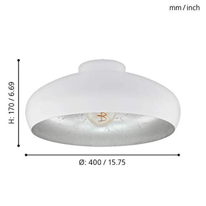 Eglo Mogano Vintage Flush Ceiling Light, Industrial Design White and Silver Steel Ceiling Lamp, Living Room, Kitchen, Hallway Lighting, E27 Socket