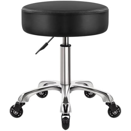 WKWKER Heavy Duty Beauty Stool On Wheels Swivel Adjustable Thick Leather Seat Chair For Kitchen Drafting Lab Office Massage Black
