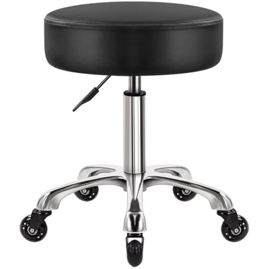 WKWKER Heavy Duty Beauty Stool On Wheels Swivel Adjustable Thick Leather Seat Chair For Kitchen Drafting Lab Office Massage Black