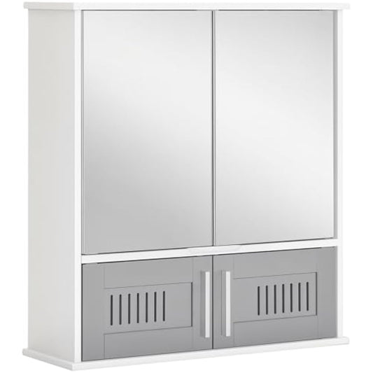 kleankin Bathroom Mirror Cabinet, Wall Mounted Storage Cupboard with Double Doors and Adjustable Shelf, Bathroom Organizer, Grey