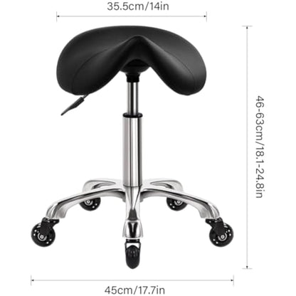 WKWKER Saddle Stool On Wheels Swivel Adjustable Thick Leather Seat Beauty Chair For Kitchen Drafting Lab Office Massage Black
