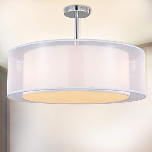 Ceiling Light, SPARKSOR Modern Fabric Pendant Light Shade, Large White Drum Lampshade, 2 Tiers Round Pendant Lamp, for Bedroom Living Room, Flush