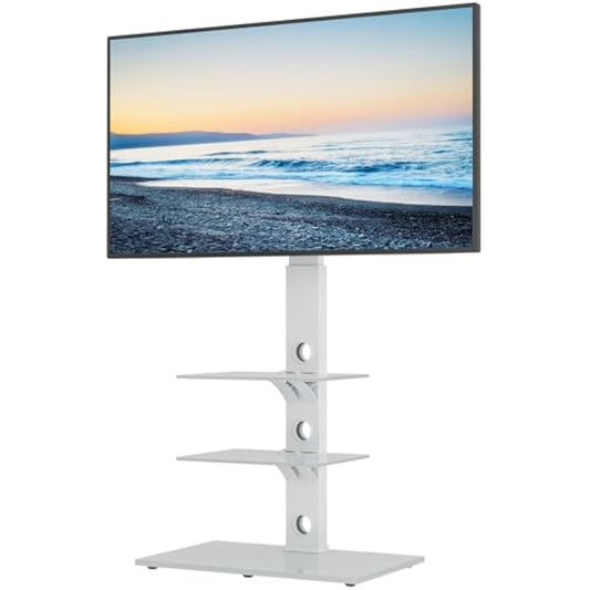 BONTEC Universal Floor TV Stand for 30-70 inch LED OLED LCD Plasma Flat Curved Screens, Height Adjustable Tall TV Stand with 3-Tier Tempered Glass Shelves up to 40KG, Max VESA 600x400mm (White)