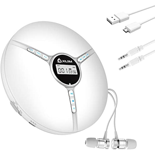 KLIM Discman Portable CD Player with Headphones, Built-in Battery - New - CD Players for Home, Car - Compatible w/SD Card, CD, CD-R, CD-RW, MP3, WMA - 5 EQ Effects - Walkman CD Player - White
