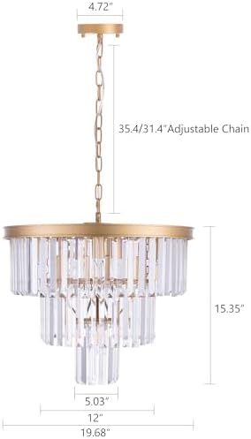 Wellmet 20 inch Gold Crystal Chandelier, 3-Tier Contemporary Modern Bathroom Chandeliers, 7-Light Adjustable Hanging Round Ceiling Light for Bedroom, Entryway, Dining Room, Girls Room, Foyer