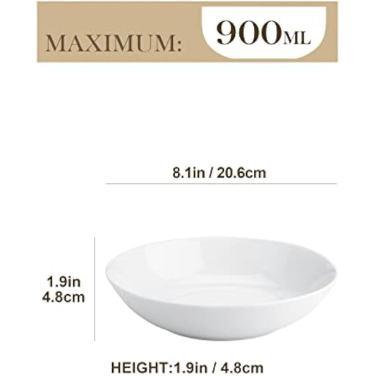 MALACASA, Series Regular, 8'' Pasta Bowl, Porcelain Salad Pasta Bowl, Large Ceramic White Soup Bowl Set, Serving Plates for Salad Pasta Soup Fruit, Microwave Dishwasher Safe, Set of 4