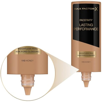 Max Factor Lasting Performance Liquid Foundation, 110 Honey, Full Coverage, Flawless and Radiant Finish, Lightweight Formula, Smudge Resistant, Non Pore-Clogging, Fragrance Free, 35ml