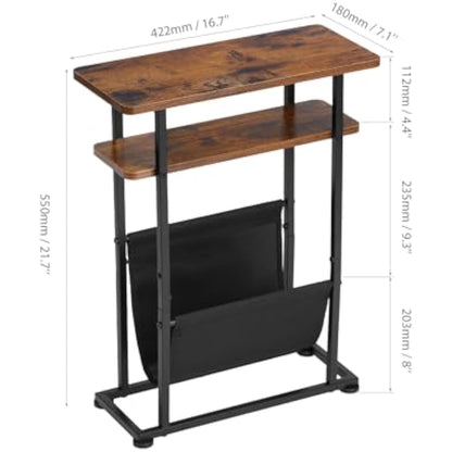 ZEXVIDA Slim Side Table for Small Spaces - 2 in 1 End Table with Magazine Holder - Rustic Brown