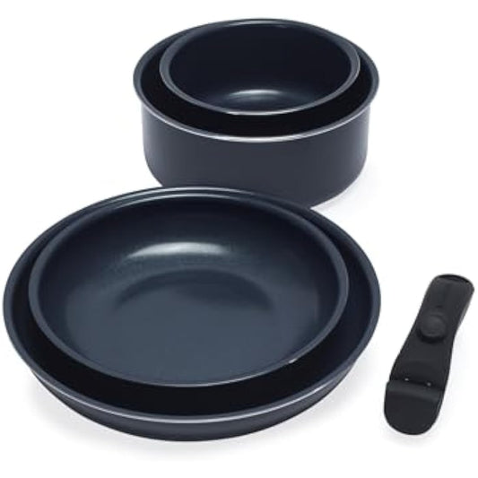 Russell Hobbs RH03319EU7 Smart Clip Pot and Pan Set – 5 Piece Ceramic Non-Stick Frying Pans & Saucepans with Detachable Handle, Stackable Design, PFAS-Free, Induction Oven Safe, Marine, Navy Blue
