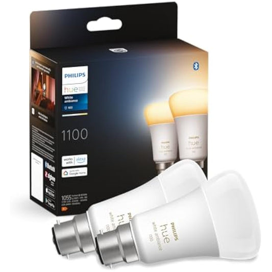 Philips Hue White Ambiance Smart Bulb Twin Pack LED [B22 Bayonet Cap] - 1100 Lumens (75W Equivalent). Works with Alexa, Google Assistant and Apple Homekit