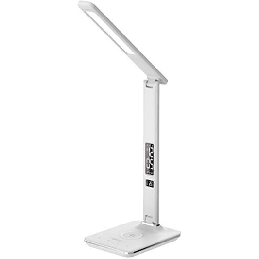 groov e Ares LED Lamp - Touch Control Desk Light with Fold Design - 3 Lighting Modes, Built-in Wireless Charger, Alarm Clock, & Digital Display with Time & Calender - Mains Operated - White