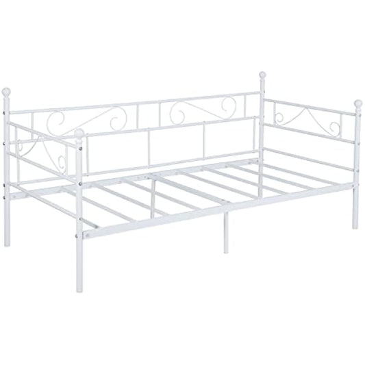 buybyroom Day bed Frame,Modern Metal Day Bed Sofa, Platform Bed Base with Headboard and Footboard Premium Stable Metal Slats for 90 x 190 mattress,White