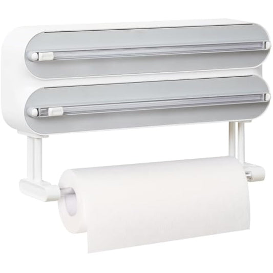 Magnetic Cling Film Dispenser and Cutter - Advanced 3-in-1 Wall-Mounted Kitchen Roll Holder, Quasziwa Refillable Cling Wrap & Aluminium Foil Dispenser with Paper Towel Holder - Fits 12" Roll, White