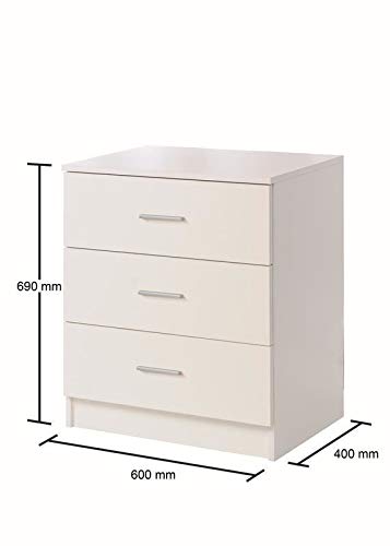 Timber Art Design 3 Drawer Bedroom Chest of Drawers with Metal Handles & Runners Storage Organiser Unit for Bedroom Hallway Living Room Bedside