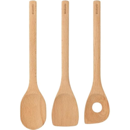 Brabantia 3 Piece Wooden Kitchen Utensil Set (Beech Wood) Spoon, Spatula & Corner Spoon - Sustainable Cookware