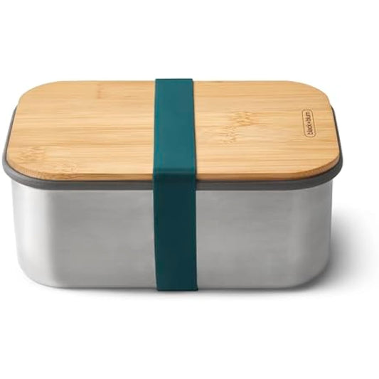 BLACK + BLUM BAM-SB-L005 Plastic Free Meal Prep Lunch Box Food Container with Bamboo Lid, Ocean Sandwich, Stainless Steel (304/18-8), Silicone, Anti-Bacterial, 1.25 liters