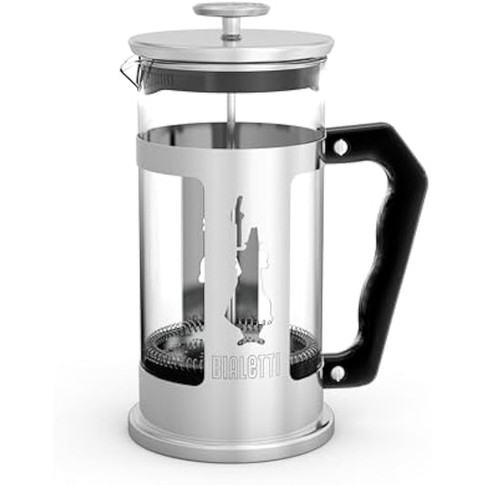 Bialetti Preziosa coffee press, French press filter for coffee or tea, stainless steel body and borosilicate glass container, dishwasher safe, 350 ml, for 3 cups