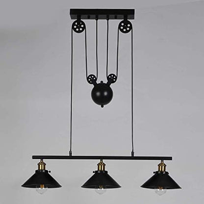 Industrial Vintage Pendant Light, Retro Pulley Suspended Rise and Fall Hangging Light E27 Antique Adjustable Black Metal Water Pipe Chandelier, Lamp for Kitchen Island Bar Hallway Dining Room