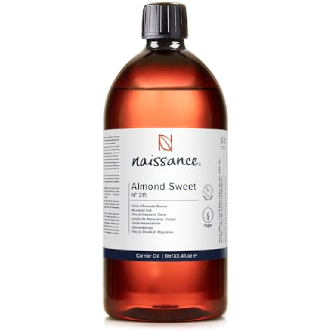 Naissance Sweet Almond Oil (no. 215) 1 Litre – for Skin, Hair, Massage, Nails, Cuticles, Ears, Face, Body, Stretch Marks - Natural Skin Care, Carrier Oil for Aromatherapy