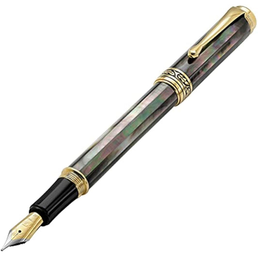 Xezo Maestro Fountain Pen, Medium Nib. Handcrafted from Oceanic Tahitian Black Mother of Pearl. 18-Karat Gold Plated. Serialized, Iridescent, No Two Alike