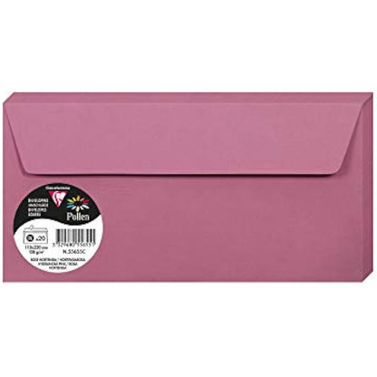 Clairefontaine - Ref 55655C - Pollen Adhesive Envelopes (Pack of 20) - DL Sized, 120gsm Paper, Printer-Compatible, Acid Free, Adhesive Strip for Easy Seal - Hydrangea Pink