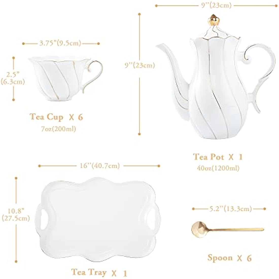DUJUST 14 pcs Tea Set of 6 with Tea Tray & Spoons, Luxury British Style Tea/Coffee Cup Set with Golden Trim, Porcelain Tea Set for Living Room Decor, Tea Party Set, Gift Package - White