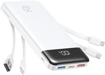 Charmast Power Bank, 20,000mAh Built-in 4 Cables Portable Charger, 20W Fast Charging Battery Pack with 4 Potrs, USB-C Powerbank for iPhone 16/15 Series, iPad, Android Phone, and mor (White)