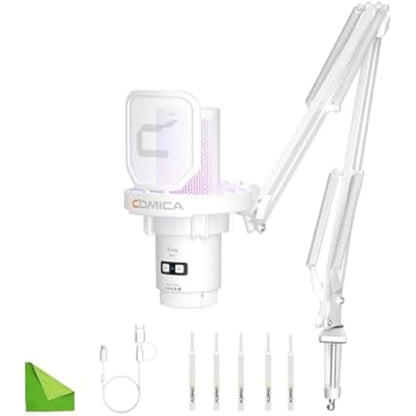 comica EJoy Uni A USB Microphone for Computer and Smartphone,RGB Cardioid Condenser Gaming Mic for Podcasting,Streaming,Recording,Music Creation,with Boom Arm Stand-White