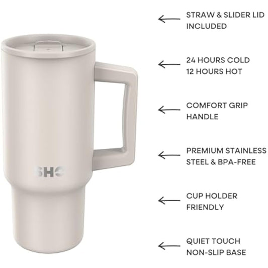 SHO XL Tumbler - Insulated Stainless Steel Reusable Water Bottle Iced Coffee Travel Mug with Handle, Straw Lid & Slider Lid - 900ml / 30 oz - Cold 24 Hours - Hot 12 Hours (Soft Taupe, 900ml)