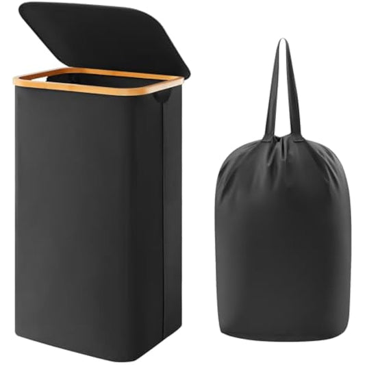 Lifewit 100L Laundry Basket with Lid, Clothes Hampers for Laundry with Bamboo Handles and A Removable Laundry Bag, Large Foldable Laundry Hamper for Bedroom, Bathroom, Dorm, Laundry Room, Black