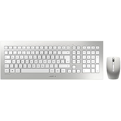 CHERRY DW 8000, Wireless Desktop Set, German Layout (QWERTZ), Battery-Operated, Ultra-Flat Keyboard, 3 Key Mouse with Infra-Red Sensor, Silver/White