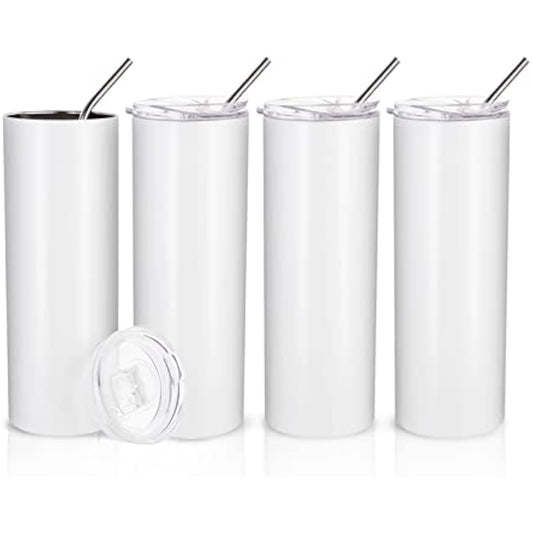 PYD Life Sublimation Blanks Skinny Tumbler White 20 OZ Straight Stainless Steel Tumbler with Metal Straw for Mug Tumbler Heat Press Machine Sublimation Printing 4 Pack