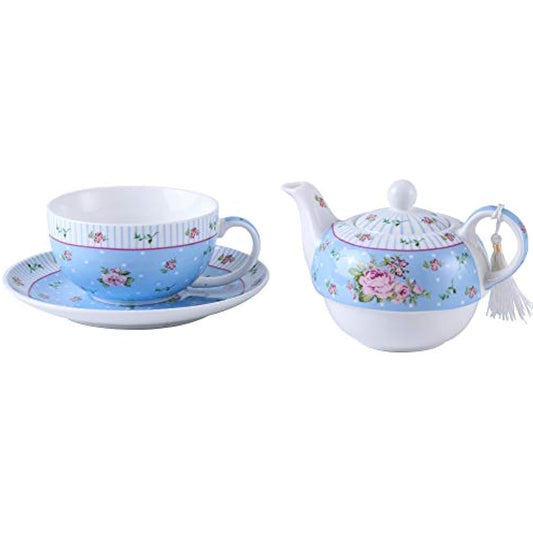London Boutique Tea for One, Teapot Tea cup Saucer Set Gifts for Women Afternoon Tea Set for 1 Vintage Rose Flora Porcelain Gift for Her (Rose Blue)