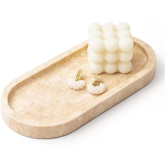 WORHE Italy Natural Travertine Stone Tray for Jewelry, Candles, Perfume, Trinket, Marble Oval Vanity Trays for Bathroom, Dresser, Kitchen, Countertop Storage Organizer for Home Decor Beige BH102