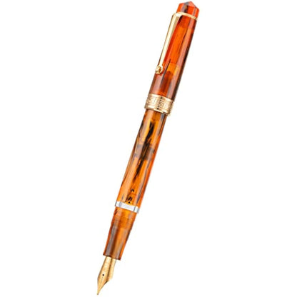 Asvine P20 Piston Fountain Pen Amber Resin, Iridium Extra Fine Nib Gold Trim Smooth Writer Collection with Case Set