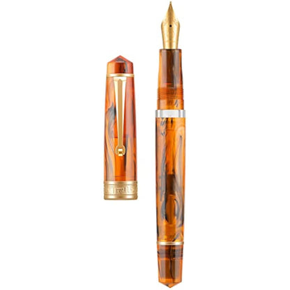 Asvine P20 Piston Fountain Pen Amber Resin, Iridium Extra Fine Nib Gold Trim Smooth Writer Collection with Case Set