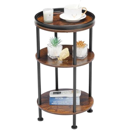 YEAKOO Nordic End Table, 3-Tier 30cm Round Side Table with Storage Shelf Edge Protection Tray, Sturdy Metal Frame Coffee Table Bedside Table for Living Room Bedroom Small Spaces-Rustic Brown