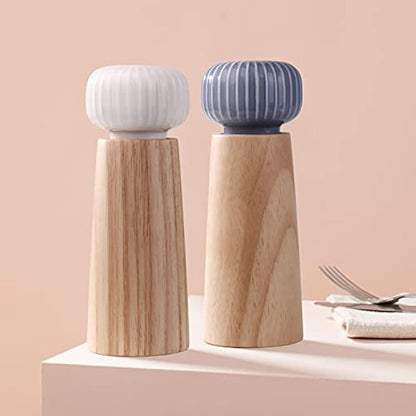 HAIPUSEN Salt and Pepper Mill Set - Wood and Ceramic Pepper Grinder Spice Mill with Adjustable Coarseness, 17.5 cm (with Tray)
