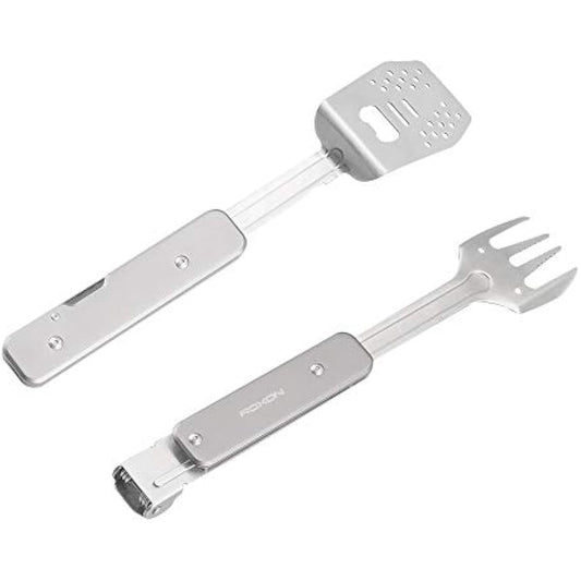 ROXON 4 in 1 Compact Mini BBQ Barbecue Combo Tool Set with Spatula, Fork, Tongs and Bottle Opener for Hiking Camping (Grey)