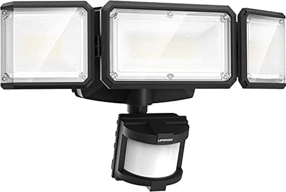 LEPOWER Battery Powered LED Flood Light Outdoor,1500LM Motion Sensor Security Lights,5000K, IP65 Waterproof,Wireless Flood Light Battery Operated,3 Head Motion Detector Lights for Garage,Yard,Porch