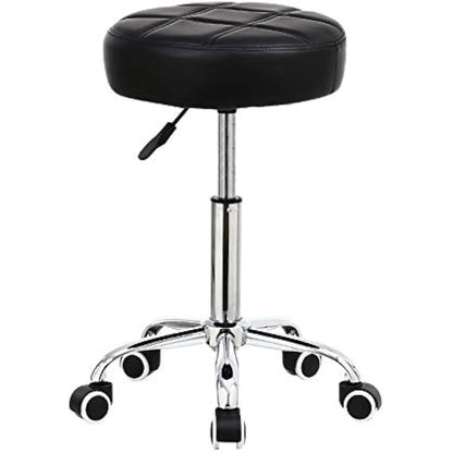 KKTONER Round Rolling Stool Chair PU Leather Height Adjustable Shop Stool Swivel Drafting Work SPA Salon Stools with Wheels Office Chair (Black)