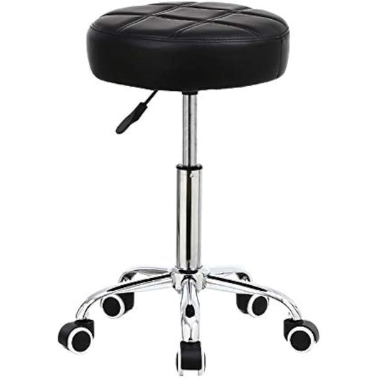 KKTONER Round Rolling Stool Chair PU Leather Height Adjustable Shop Stool Swivel Drafting Work SPA Salon Stools with Wheels Office Chair (Black)