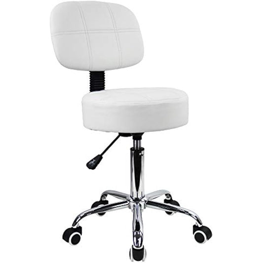 KKTONER Round Rolling Stool with Back PU Leather Height Adjustable Swivel Drafting Work SPA Salon Stools Chair with Wheels (White)