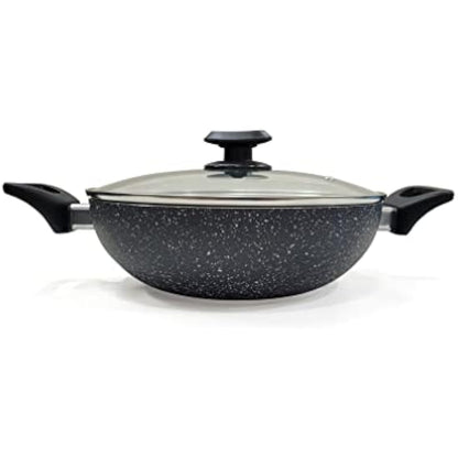 Ignite Cookware 26cm Marble Non-Stick Wok | Stir-Fry Pan with Glass Lid | Kadai | PFOA Free Non Stick for Healthy Cooking | Suitable for All Hobs Including Induction