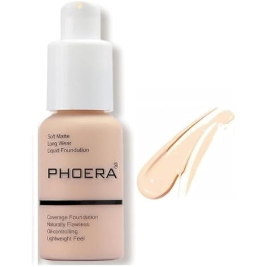 Aquapurity Phoera® Full Coverage Foundation Soft Matte Oil Control Concealer 30ml Flawless Cream Smooth Long Lasting 24HR UK (F101 PORCELAIN)